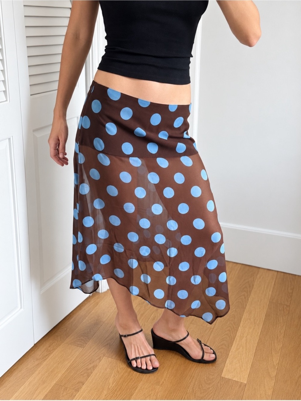 Zara Brown Midi Skirt with Light Blue Polka Dots